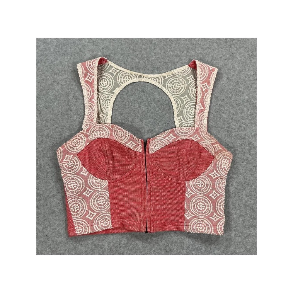 Coral and Cream Patterned Crop Top with Front Zipper